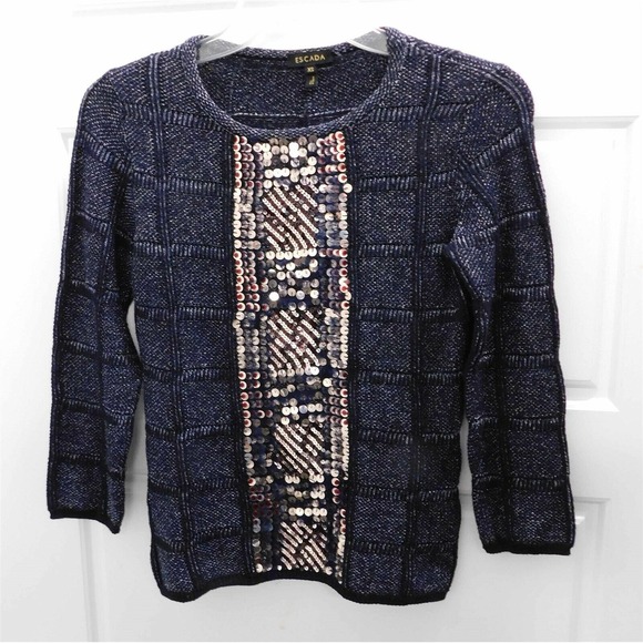 Escada Italy Gray White‎ Knit Sequin Long Sleeve Sweater sz XS